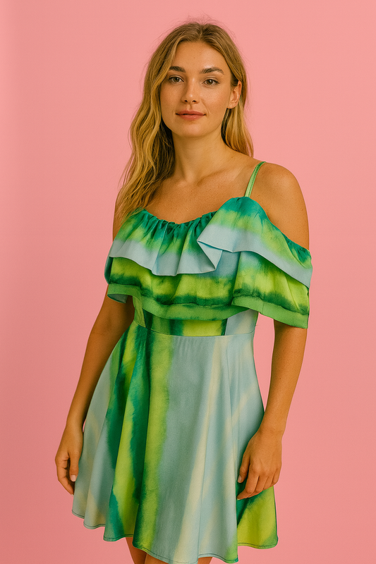 Mariana Green tie dye off the shoulder dress