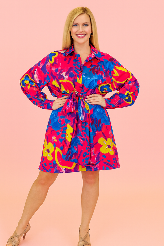 Isadora button down dress in abstract red and blue print with a tie front knot