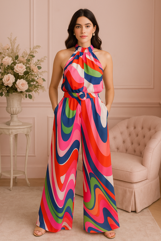 Marcela asymmetrical print in red and navy jumpsuit