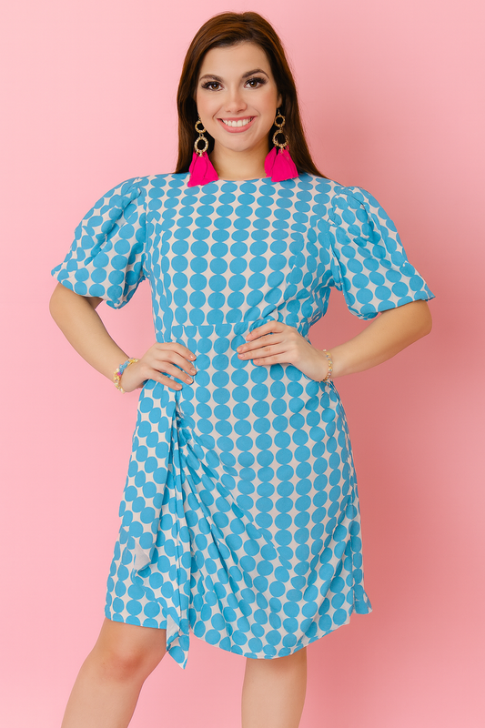 Ebony faux side wrap dress in polka dots light blue
