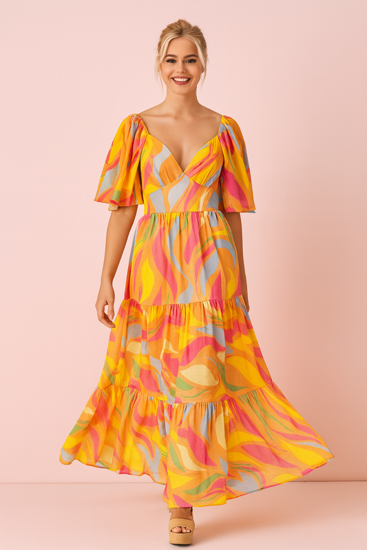 Ariel Long Maxi dress in Orange asymmetrical print