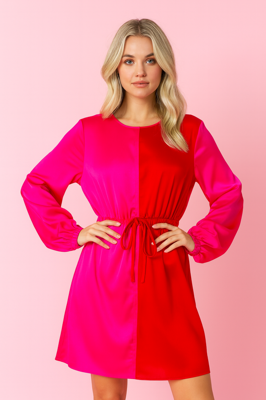 Heidi red and fucsia charmeuse color block dress