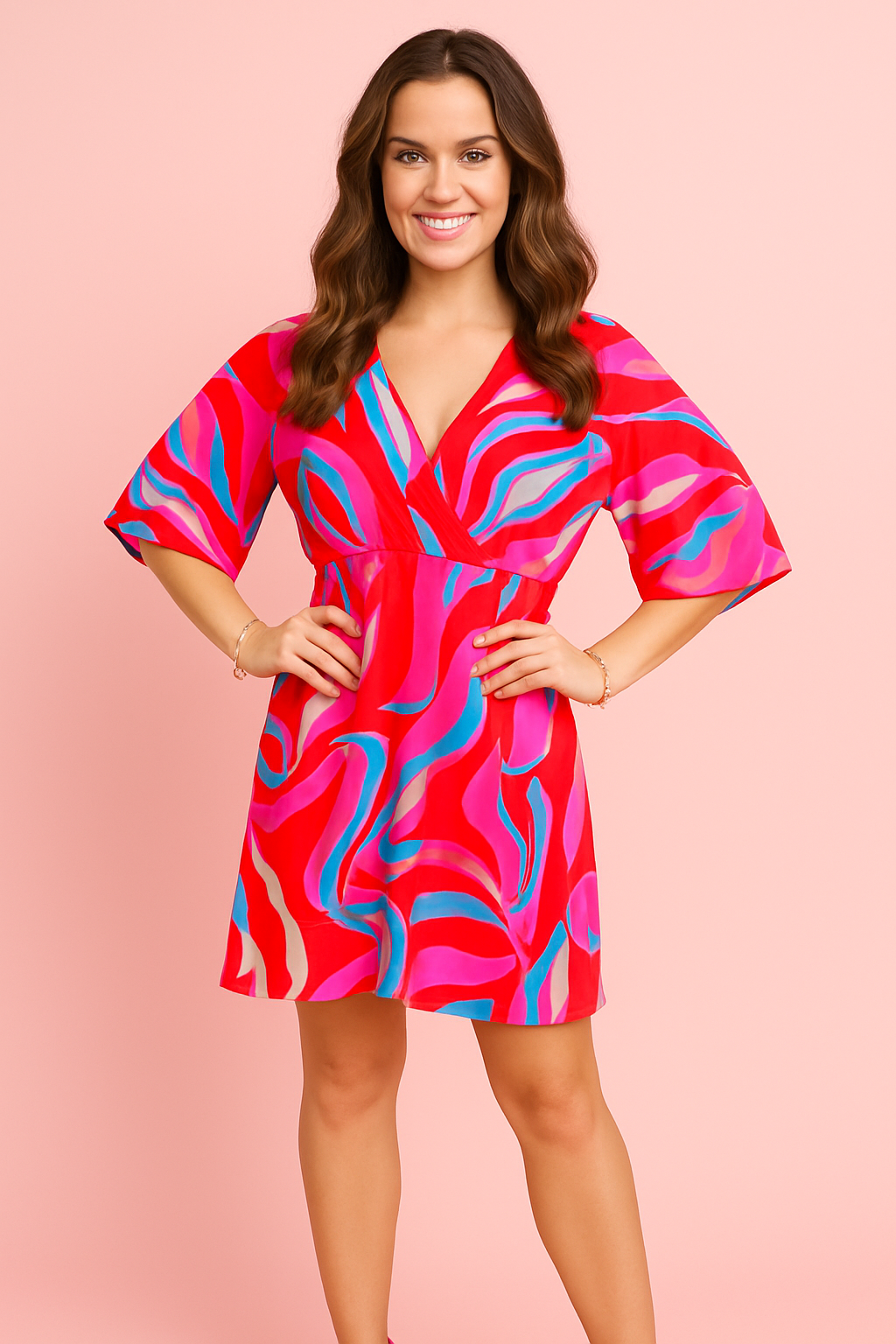 Gemma pink and red flowy faux wrap dress