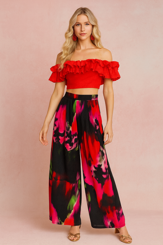 Quinn red ruffle off the shoulder crop top