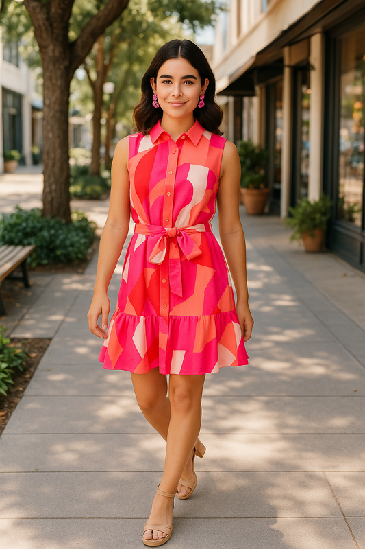 Luna Dress in geometrical pink print