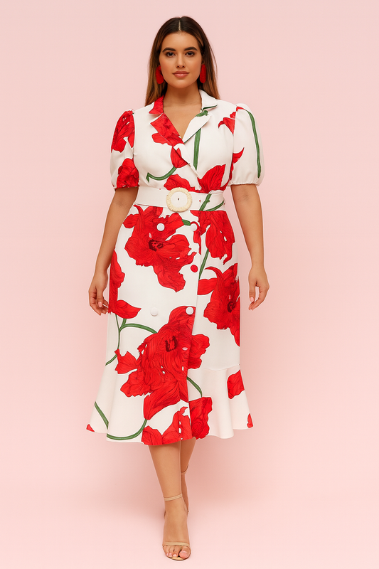 Maria dress in red florals and waited belt midi dress