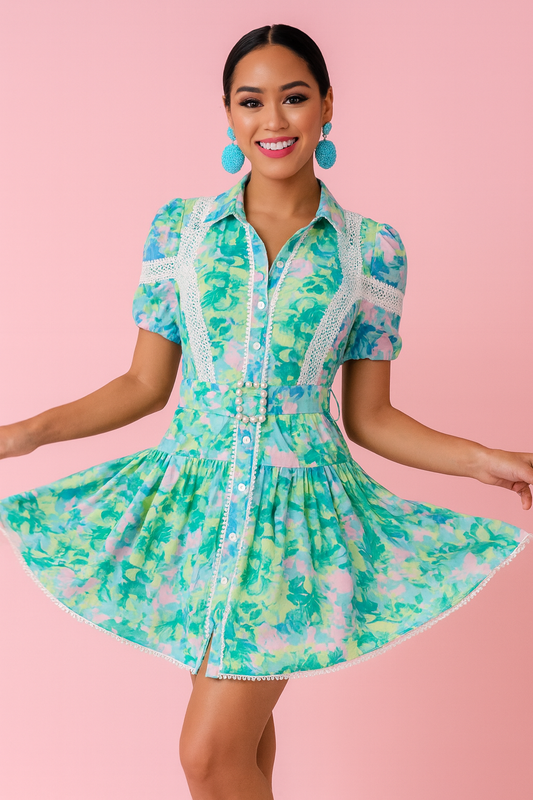 Celeste dress in green and blue floral print