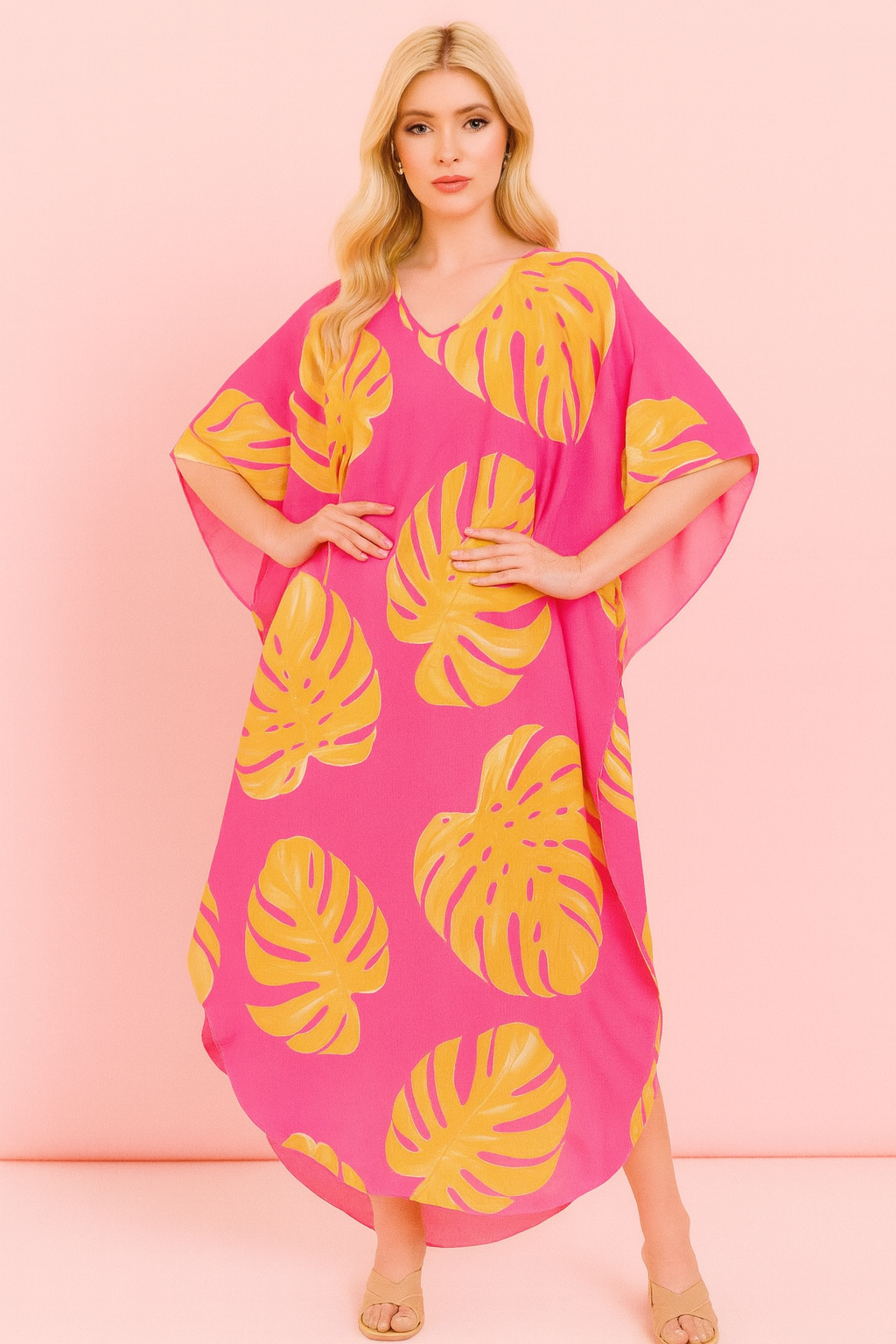 Ivanna Kaftan in pink with orange and yellow palms print