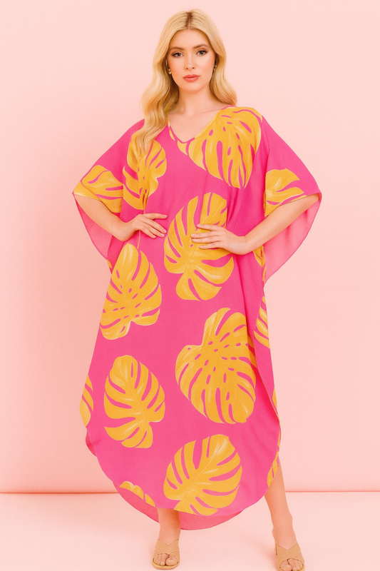 Ivanna Kaftan in pink with orange and yellow palms print