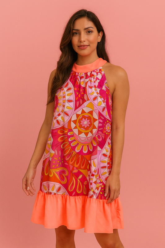 Norah asymmetrical orange print dress with a flare bottom