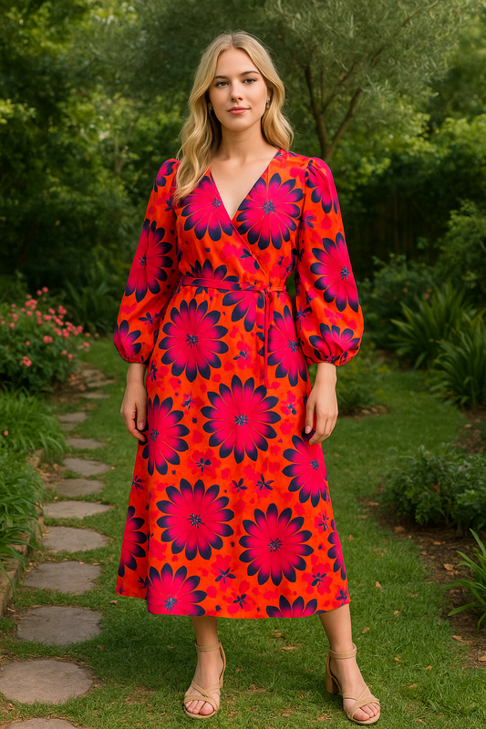 Hattie orange and red wrap dress in midi length wrap dress