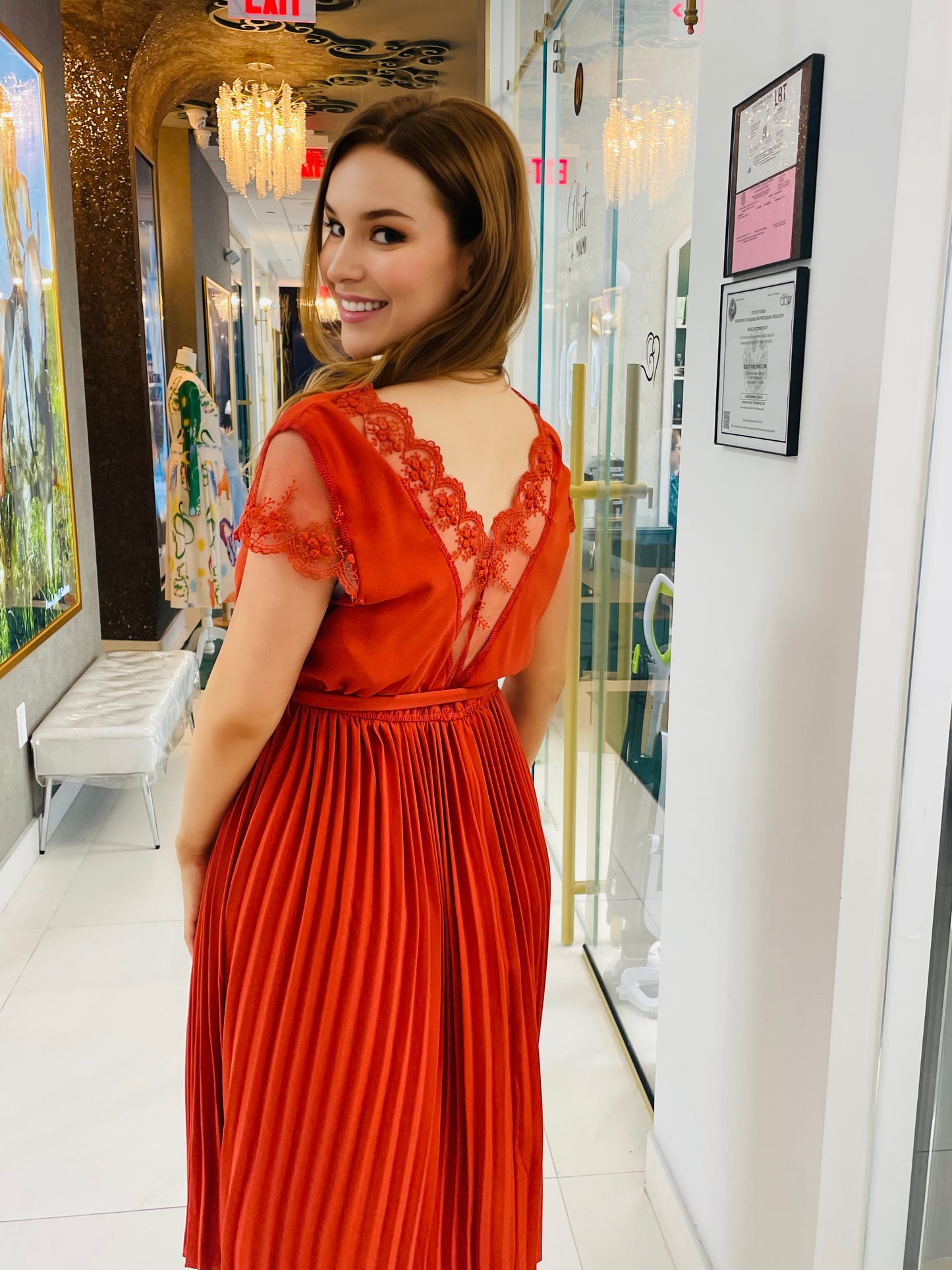 Yuli V neck dress in burnt orange