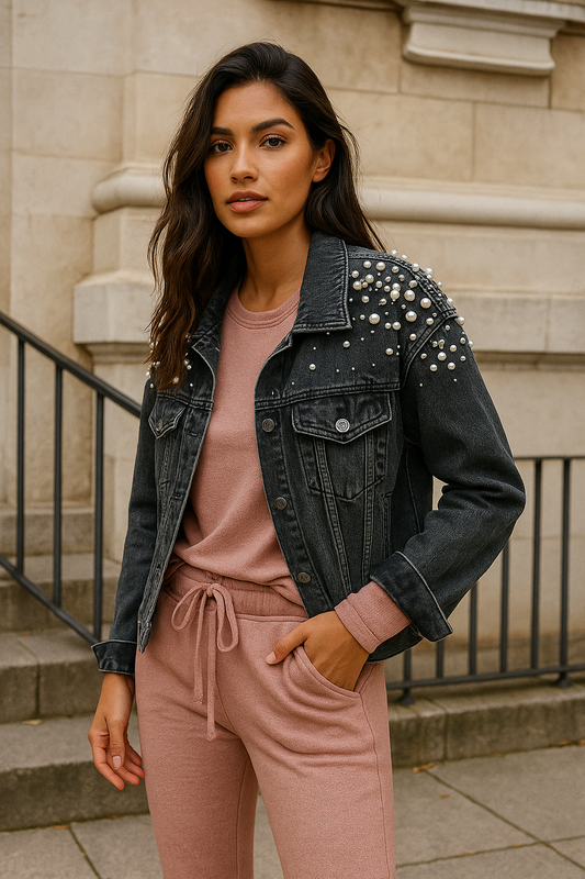 Miri black jean jacket with pearls