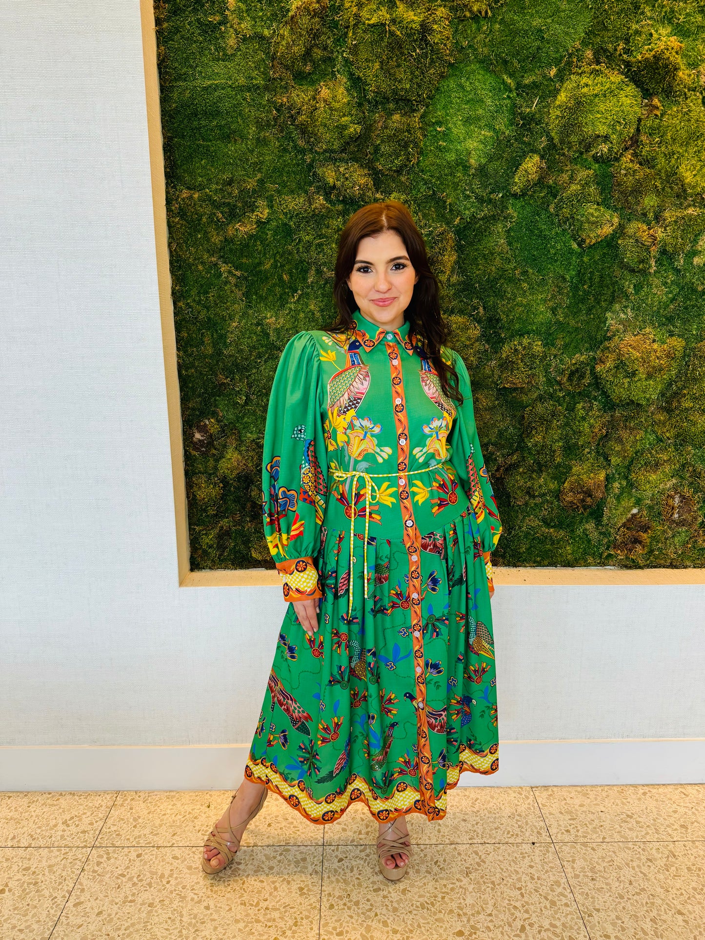 Carla green print midi dress in green with oversize sleeves