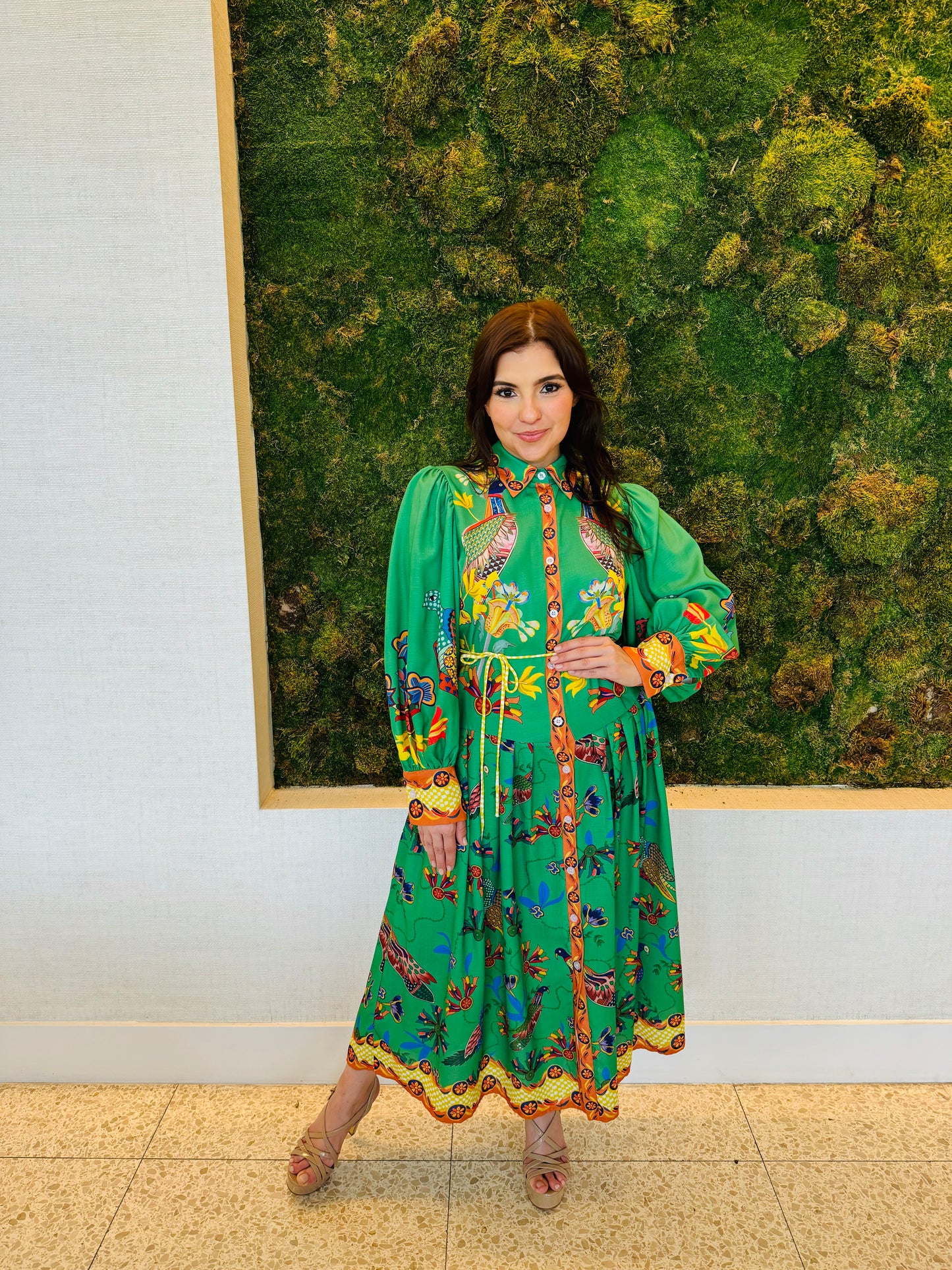 Carla green print midi dress in green with oversize sleeves