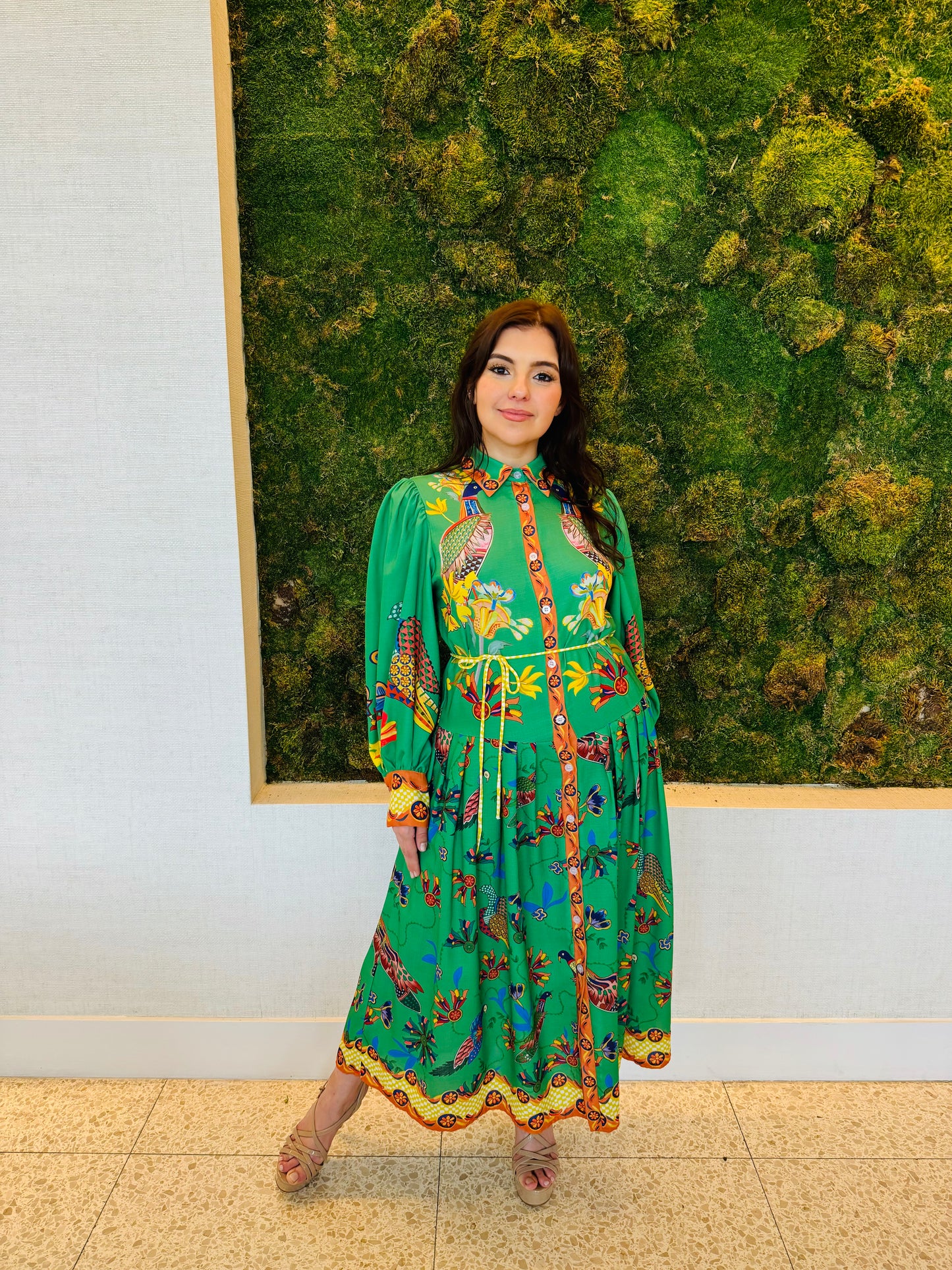 Carla green print midi dress in green with oversize sleeves