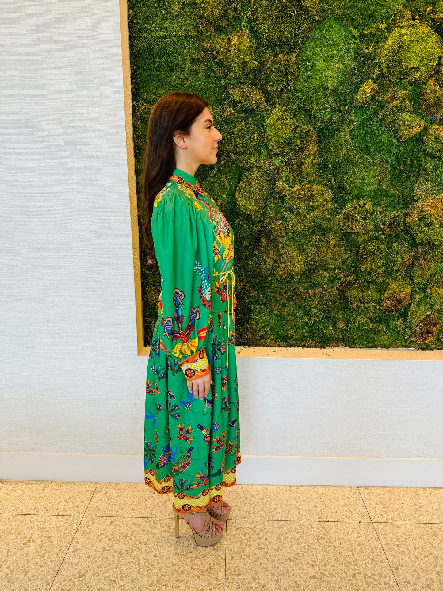 Carla green print midi dress in green with oversize sleeves