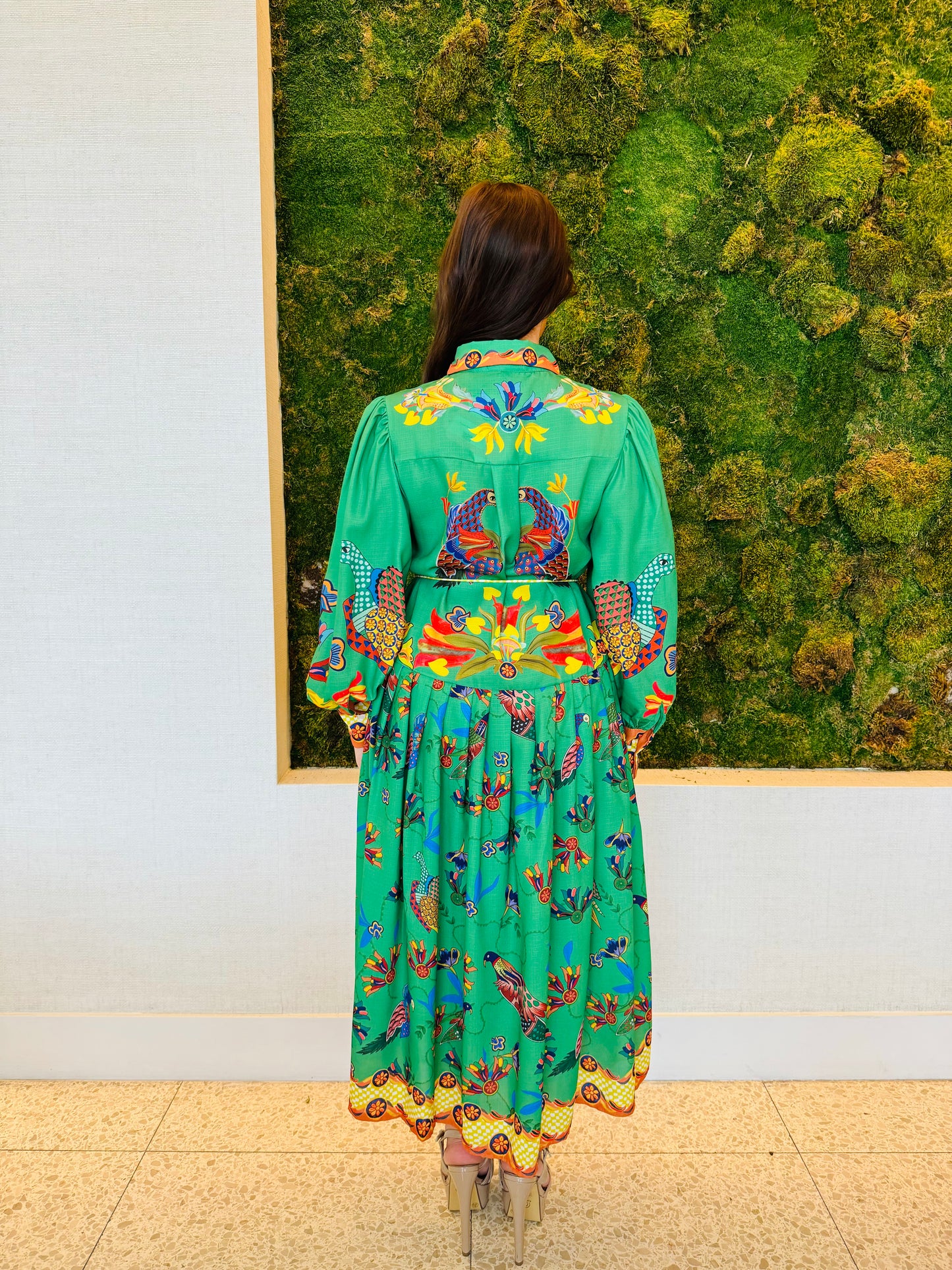 Carla green print midi dress in green with oversize sleeves