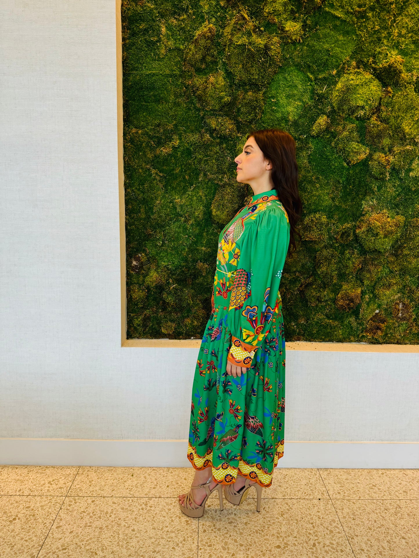 Carla green print midi dress in green with oversize sleeves