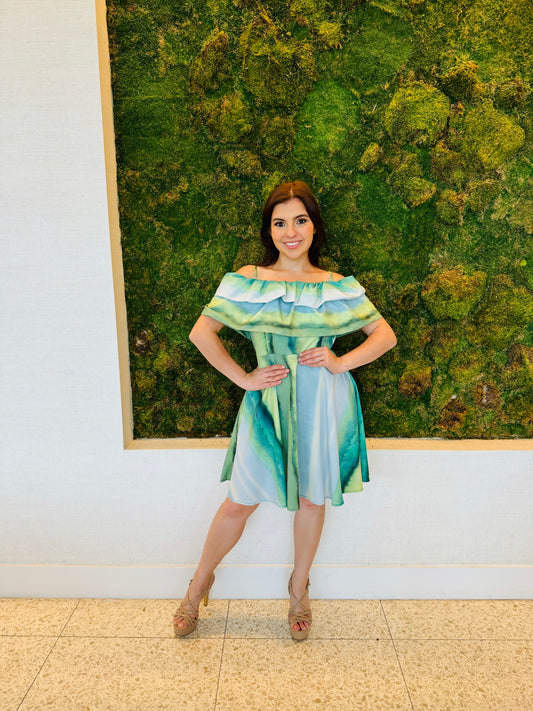Mariana Green tie dye off the shoulder dress