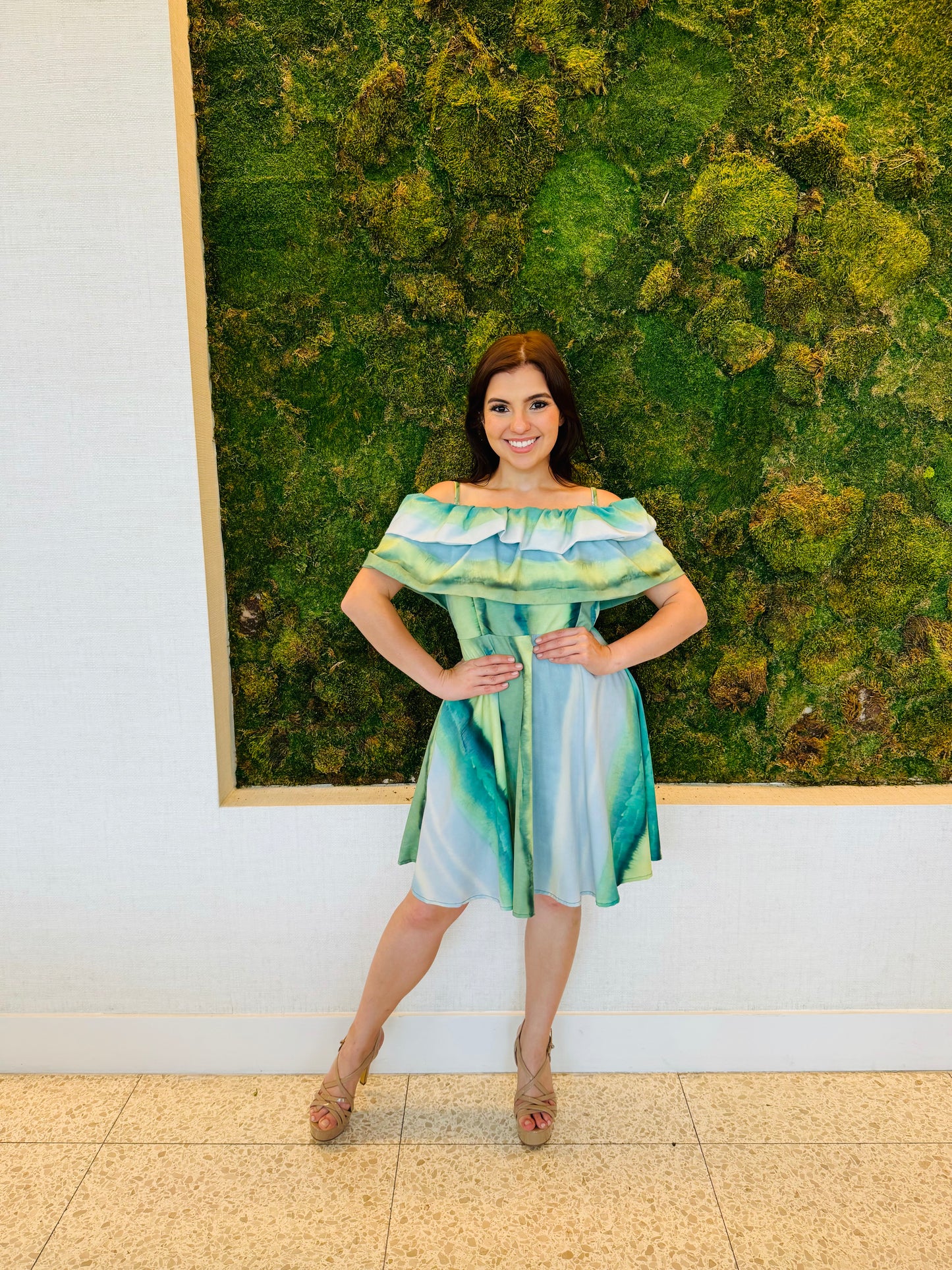 Mariana Green tie dye off the shoulder dress