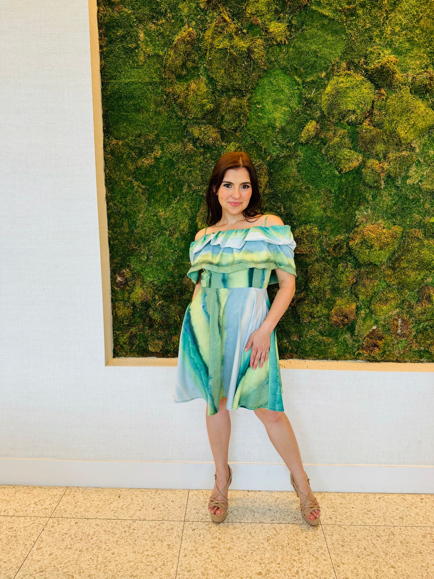 Mariana Green tie dye off the shoulder dress