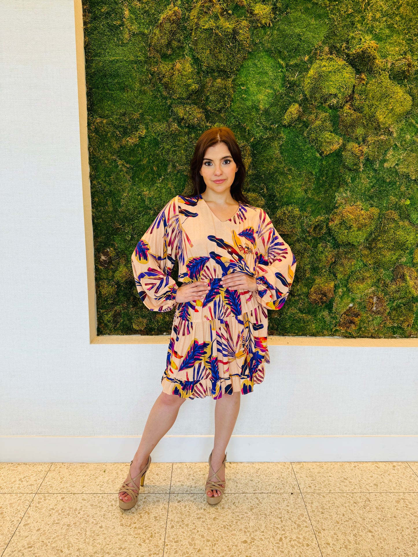 Melanie tropical nude and purple tropical print dress