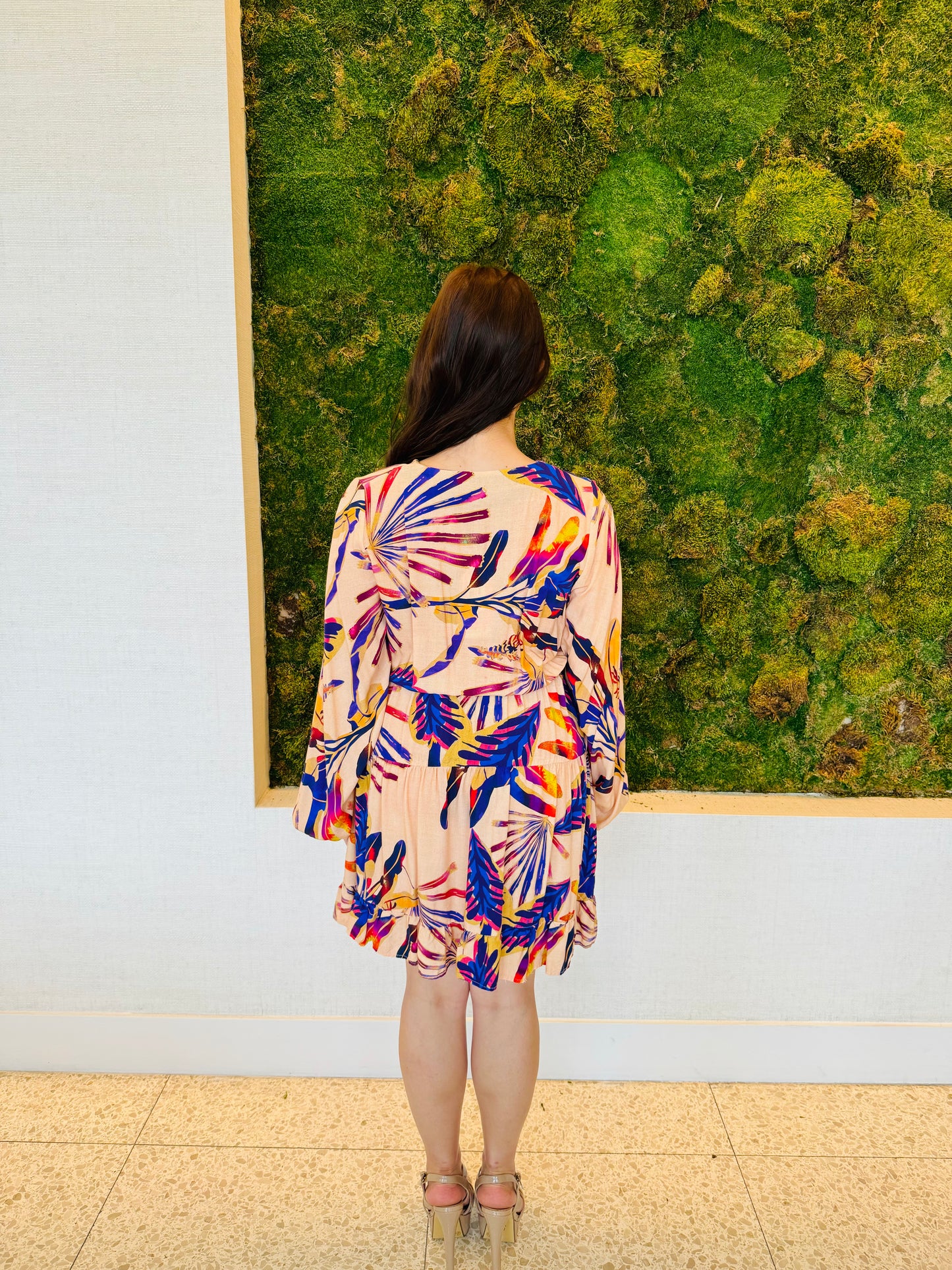 Melanie tropical nude and purple tropical print dress