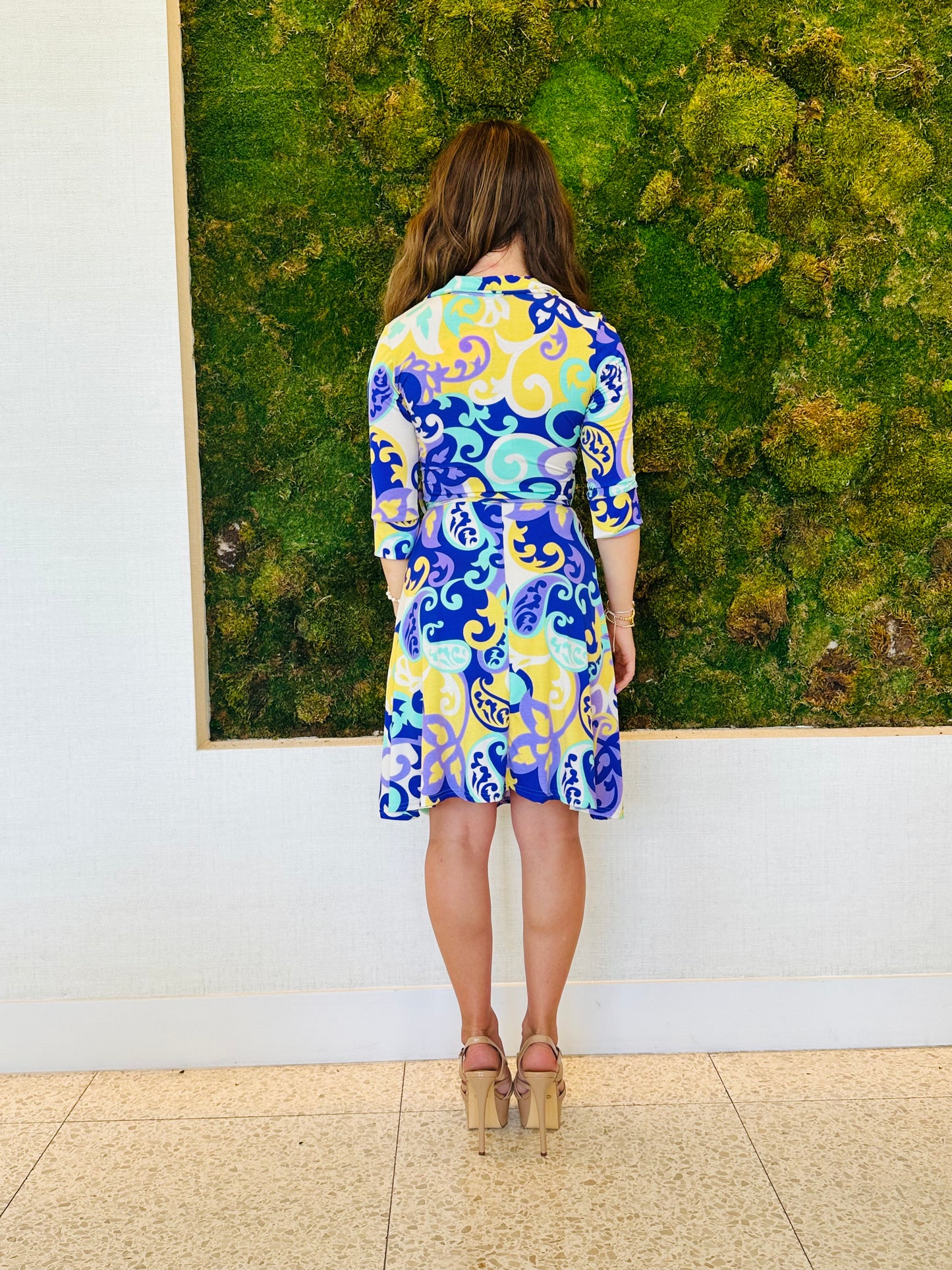 Odelia jersey paisley purple print faux wrap dress