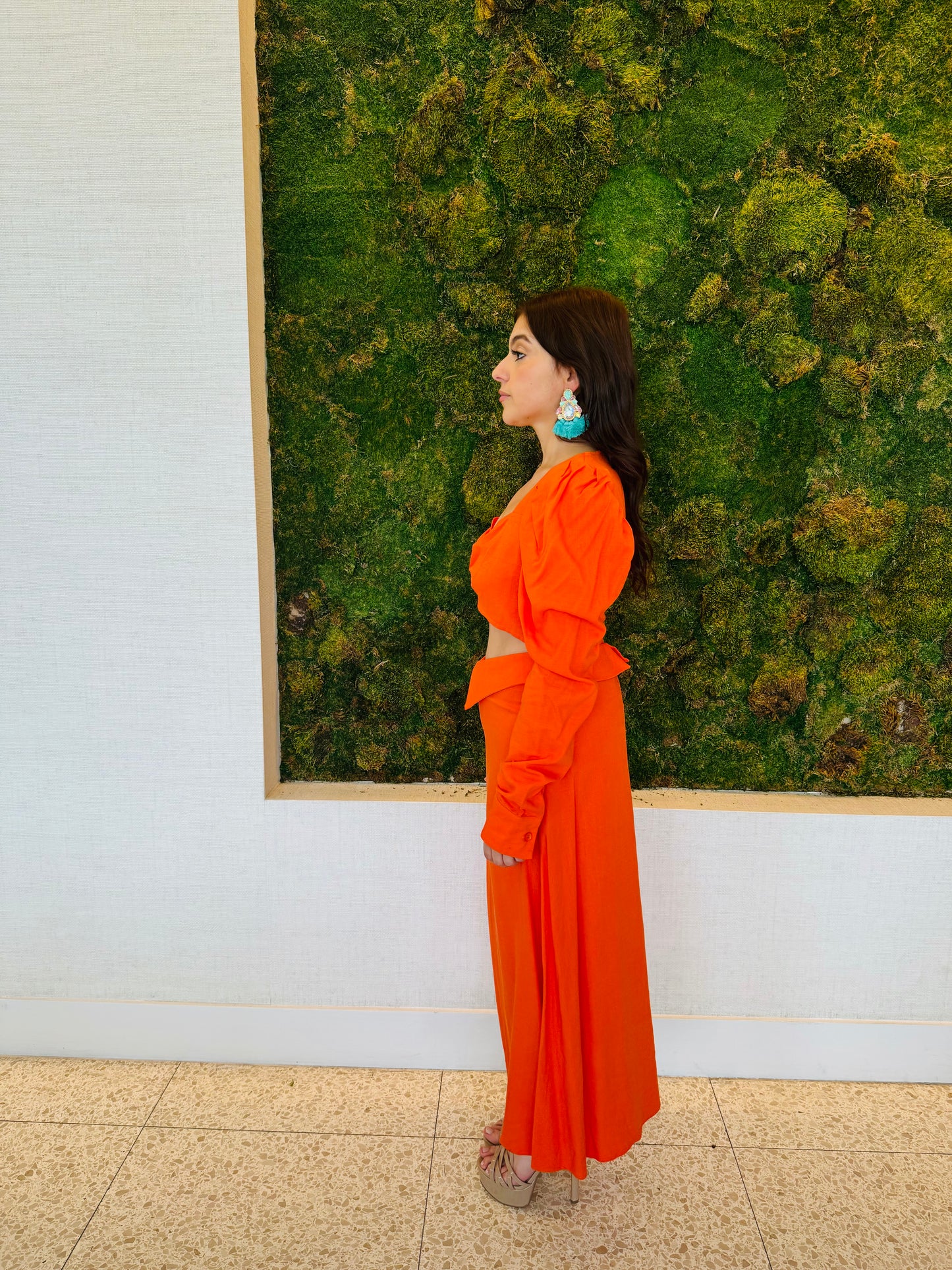 Alexandra orange linen crop top with long sleeves