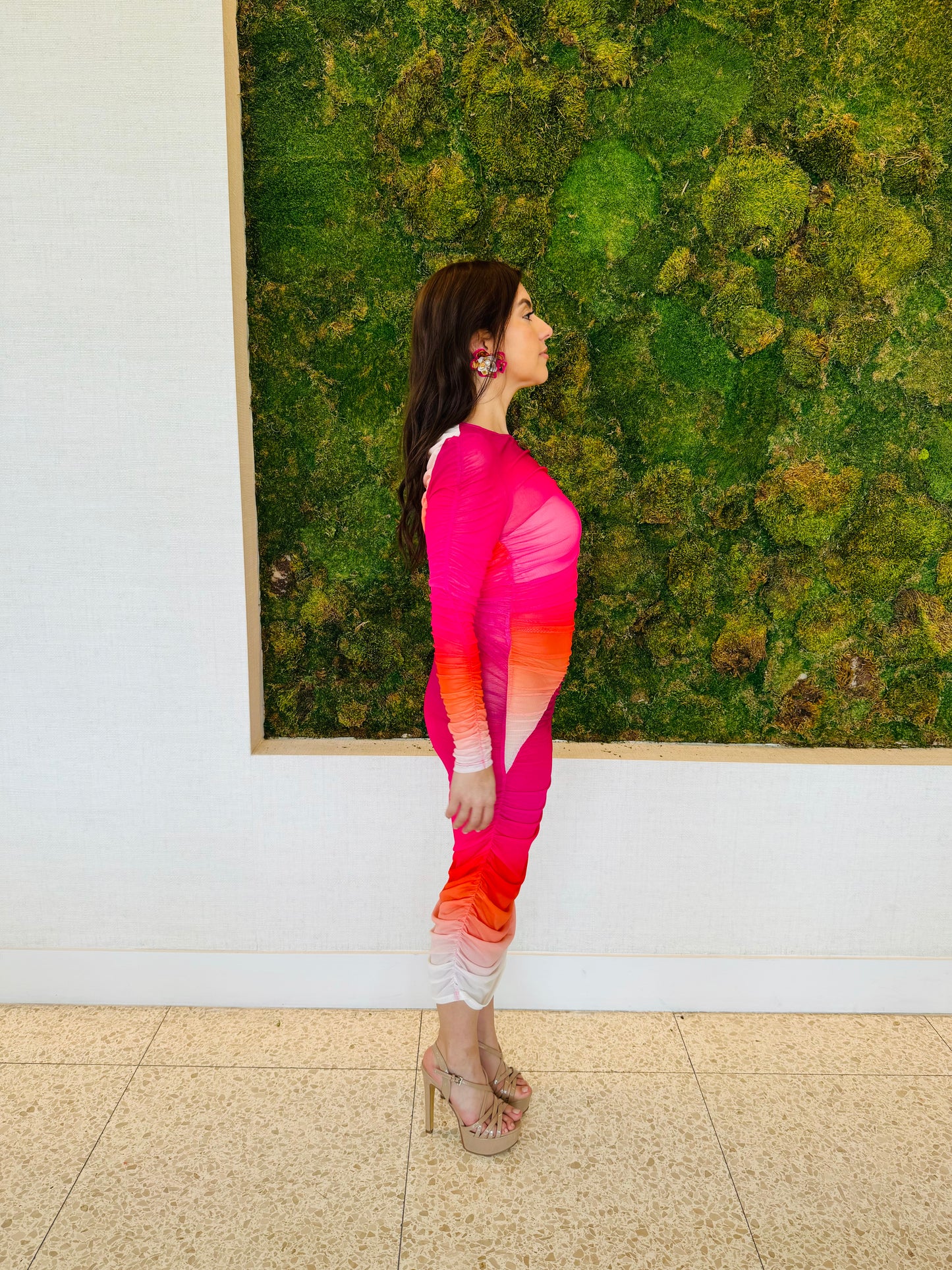 Gisela rouged mesh in hot pink, white and orange midi dress