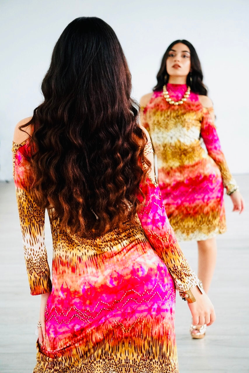 Carrie open shoulder dress in pink and beige print with metallic specs stretch