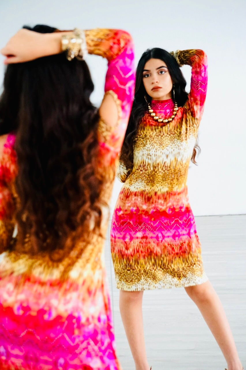 Carrie open shoulder dress in pink and beige print with metallic specs stretch