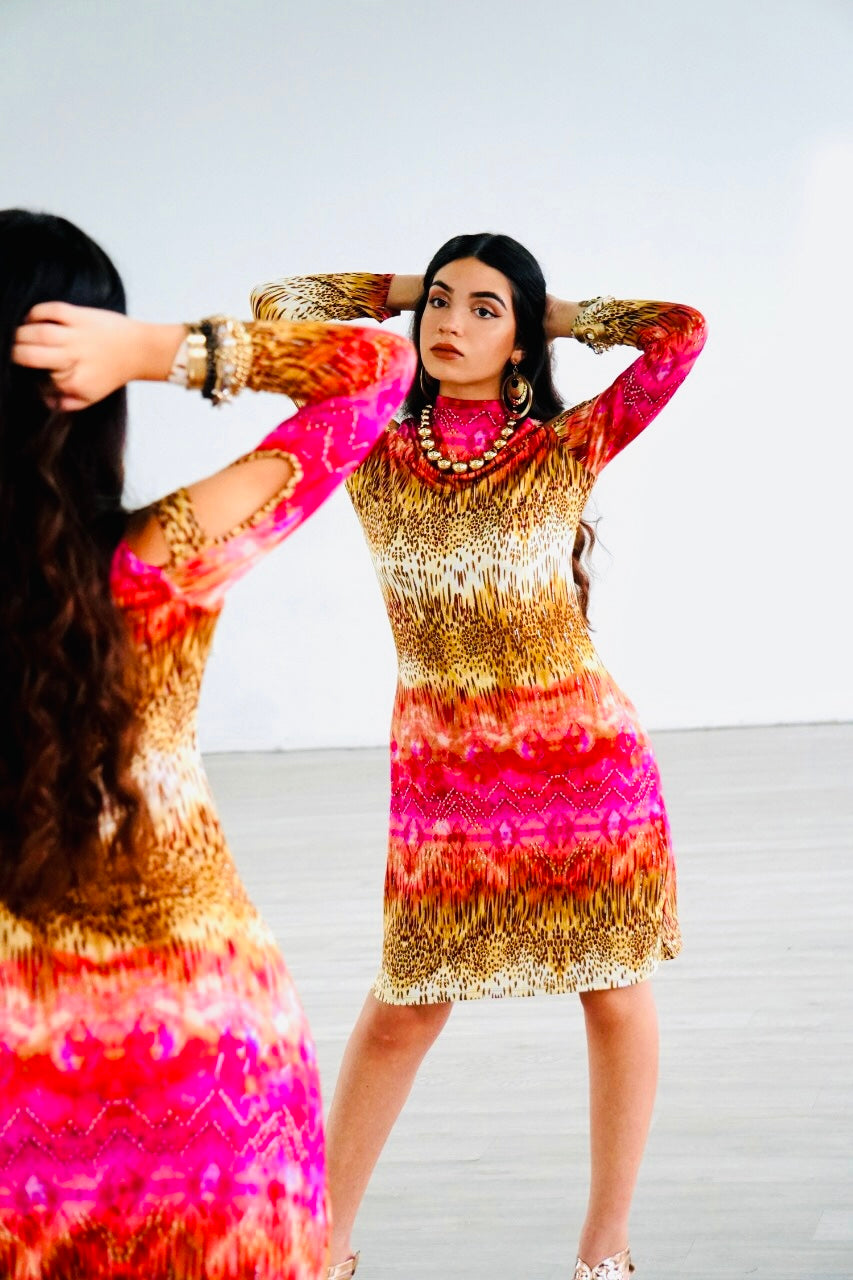 Carrie open shoulder dress in pink and beige print with metallic specs stretch