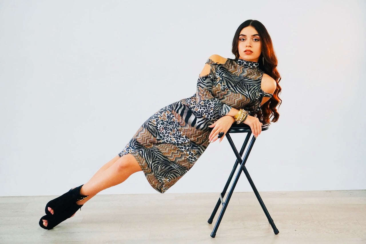Camille open shoulder animal print dress in stretch