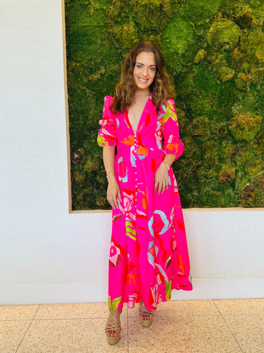 Abbie hot pink floral maxi dress