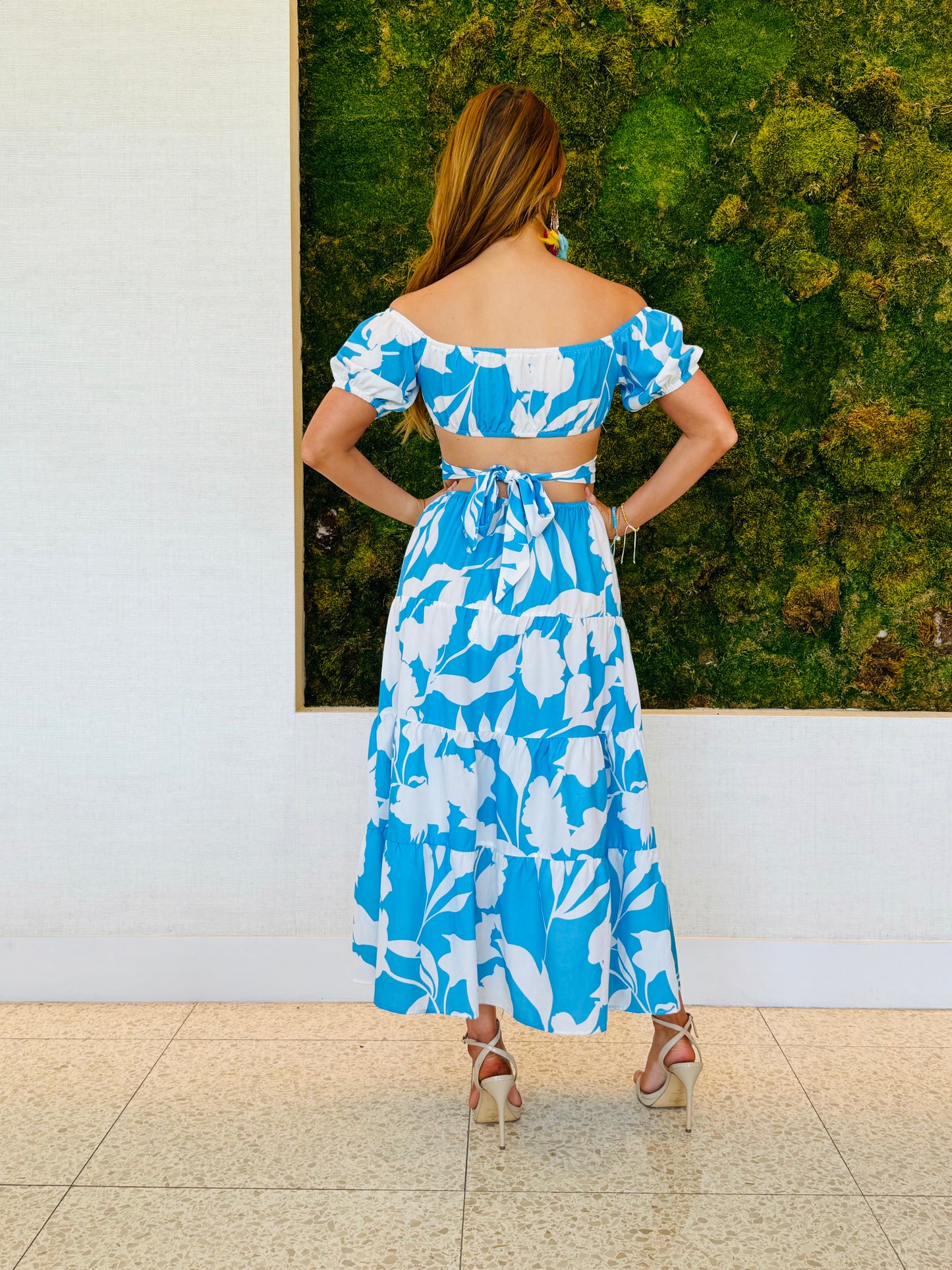 Maeve turquoise and white cut out maxi dress