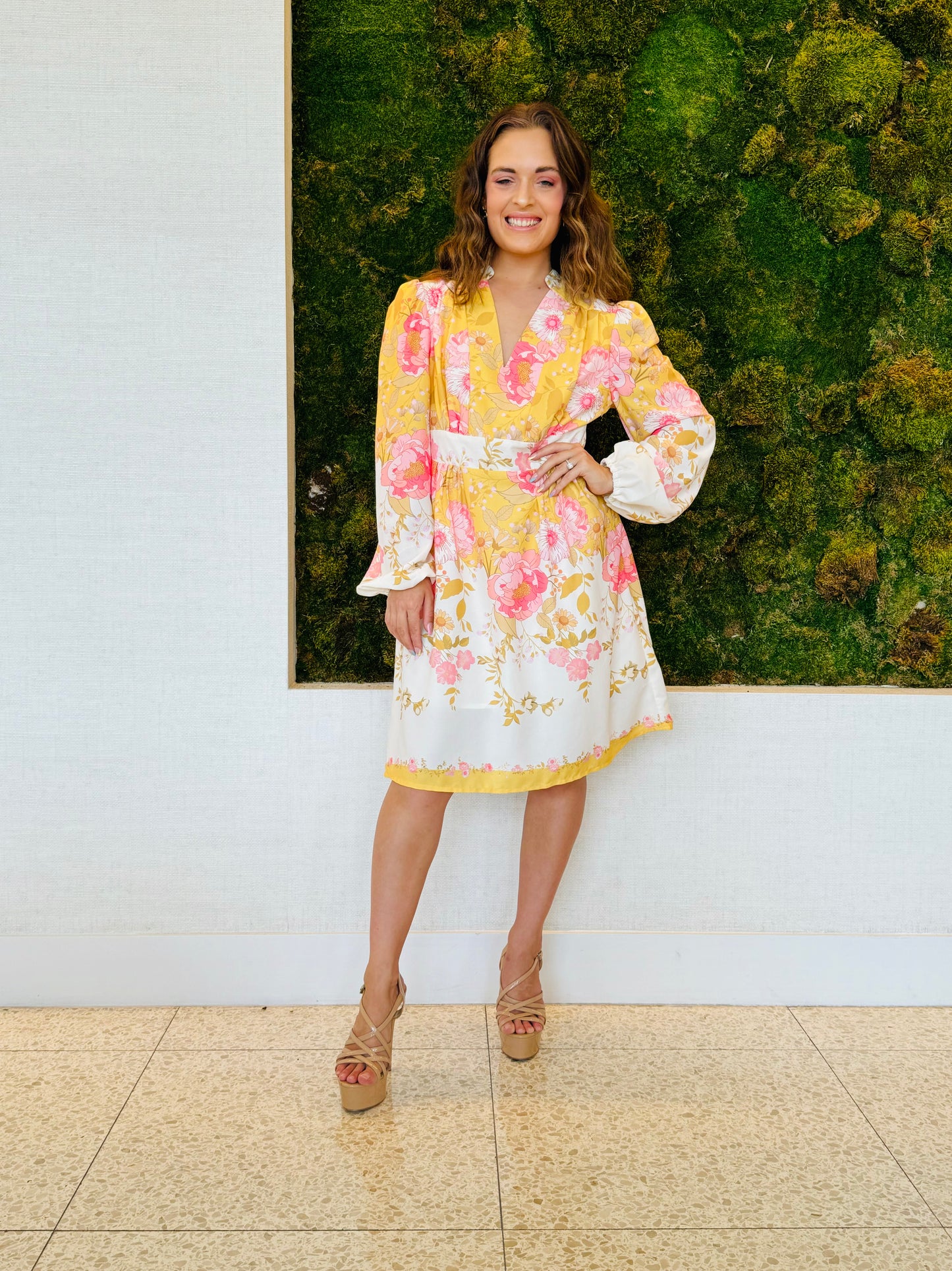 Emma yellow floral knee length dress with long sleeves