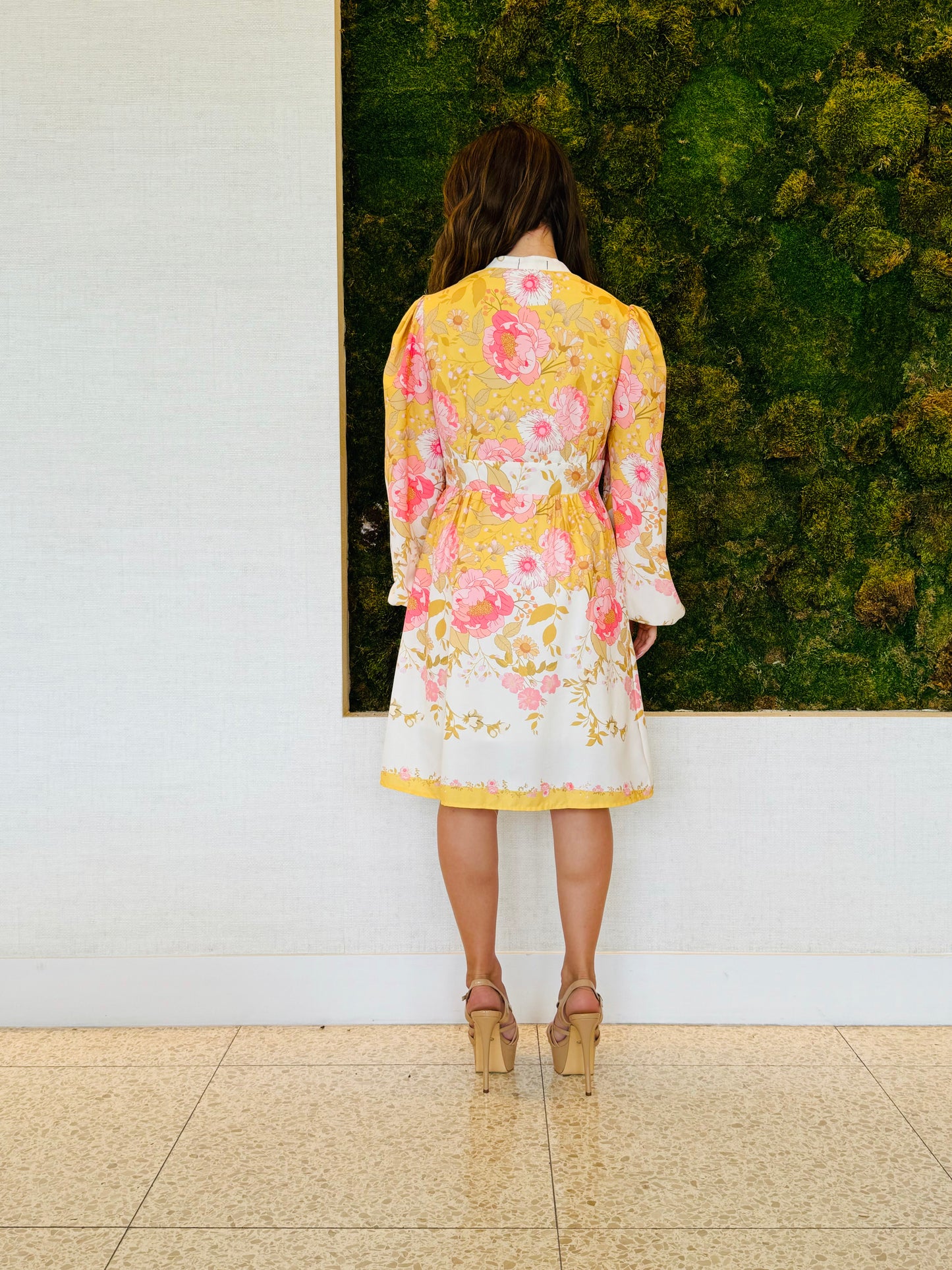 Emma yellow floral knee length dress with long sleeves