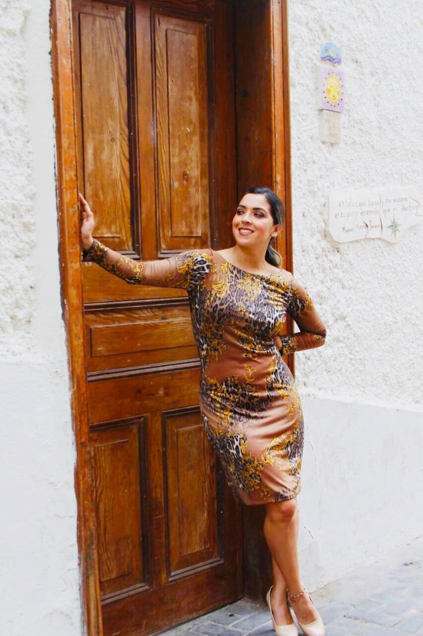 Martha open back dress in caramel brown and animal print knee length