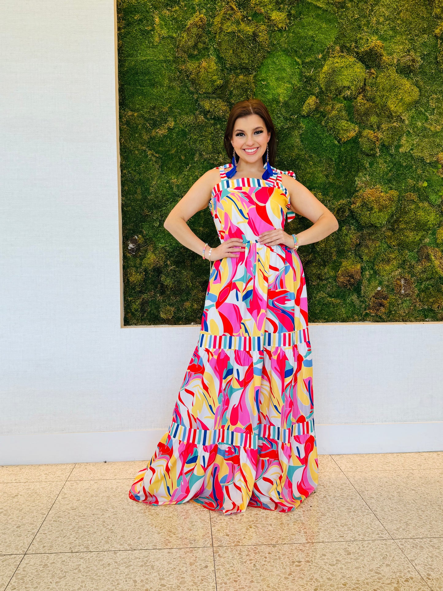 Addison red and colorful maxi dress with top ties and elastic back