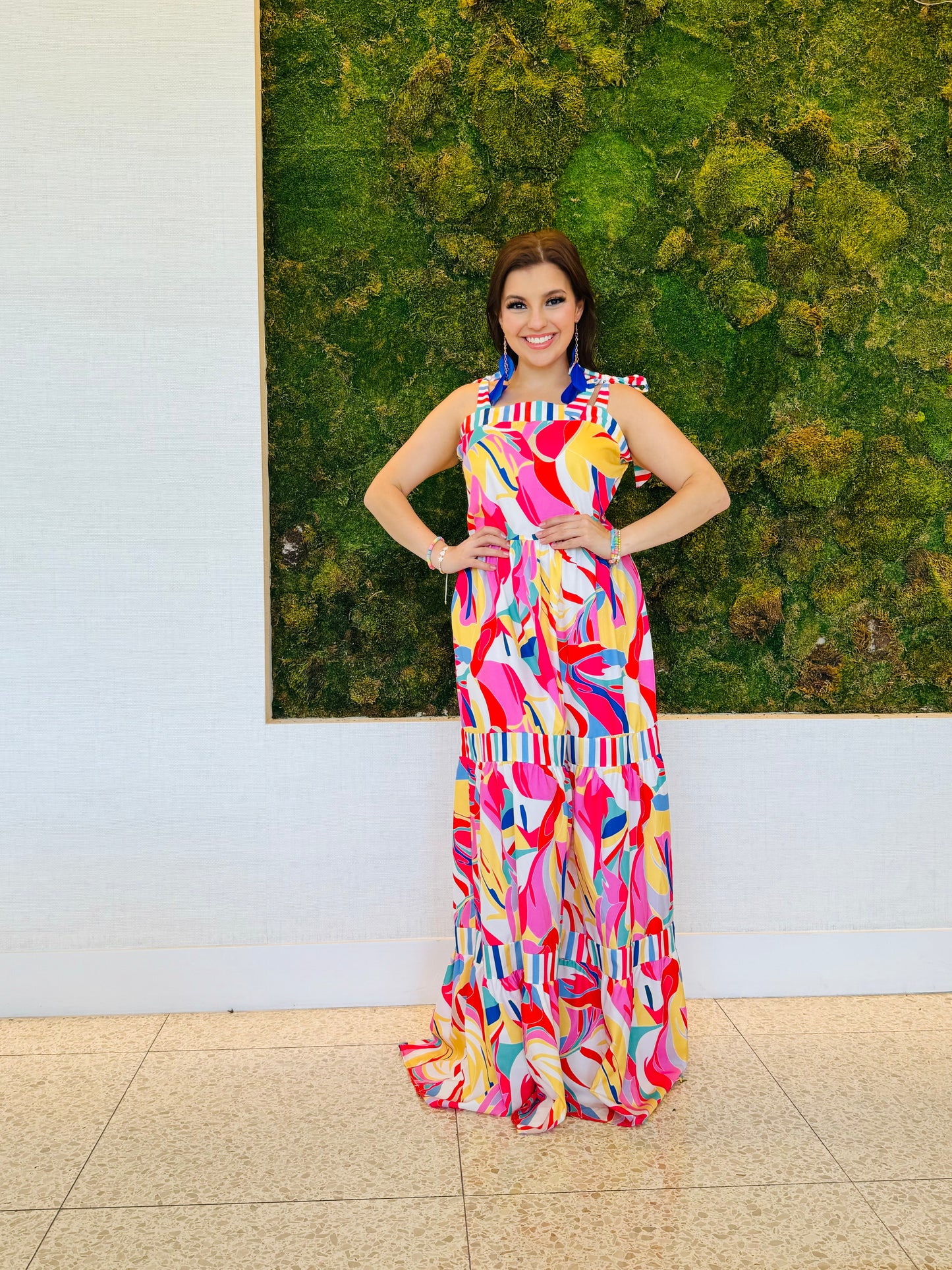 Addison red and colorful maxi dress with top ties and elastic back