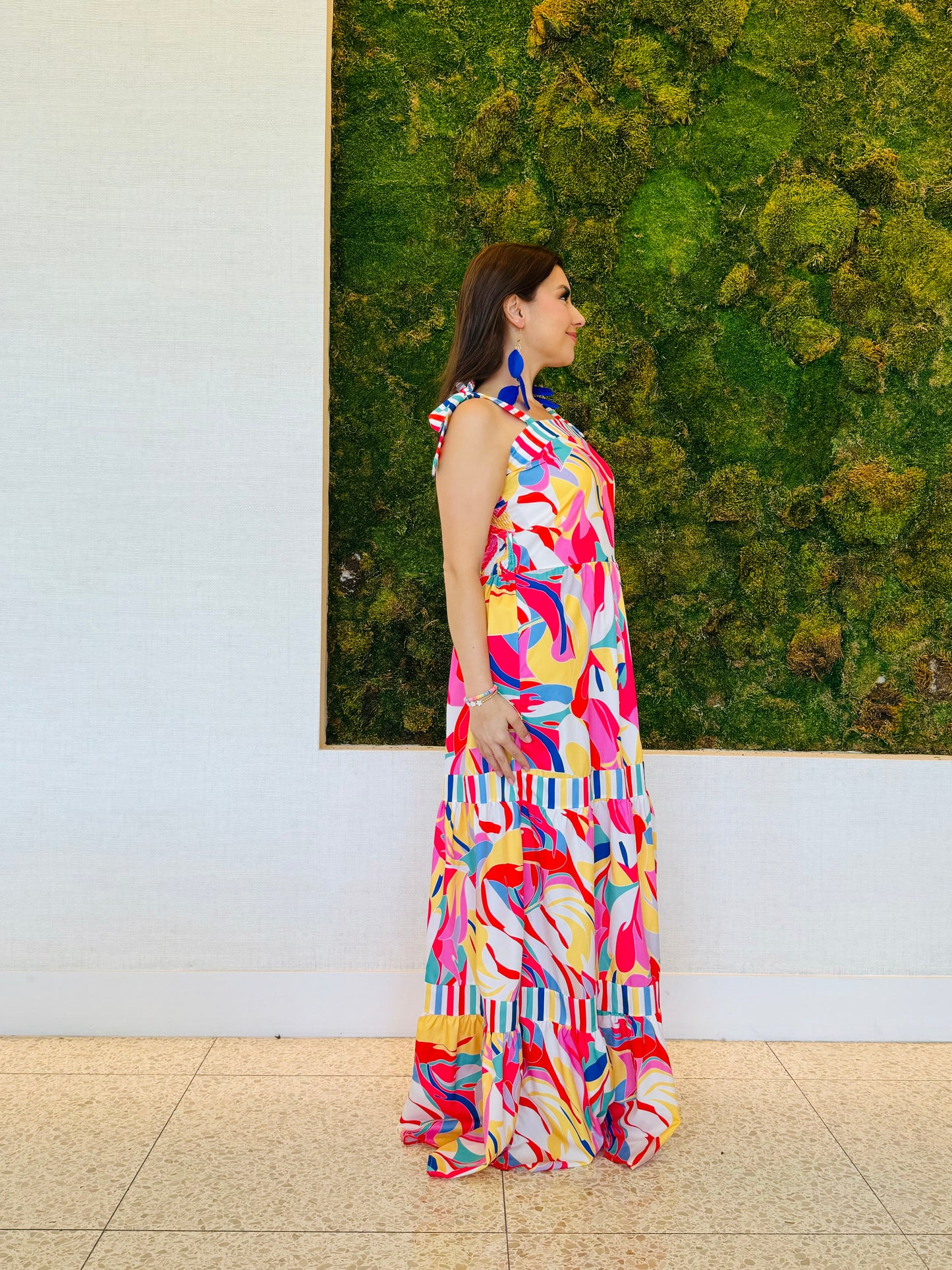 Addison red and colorful maxi dress with top ties and elastic back