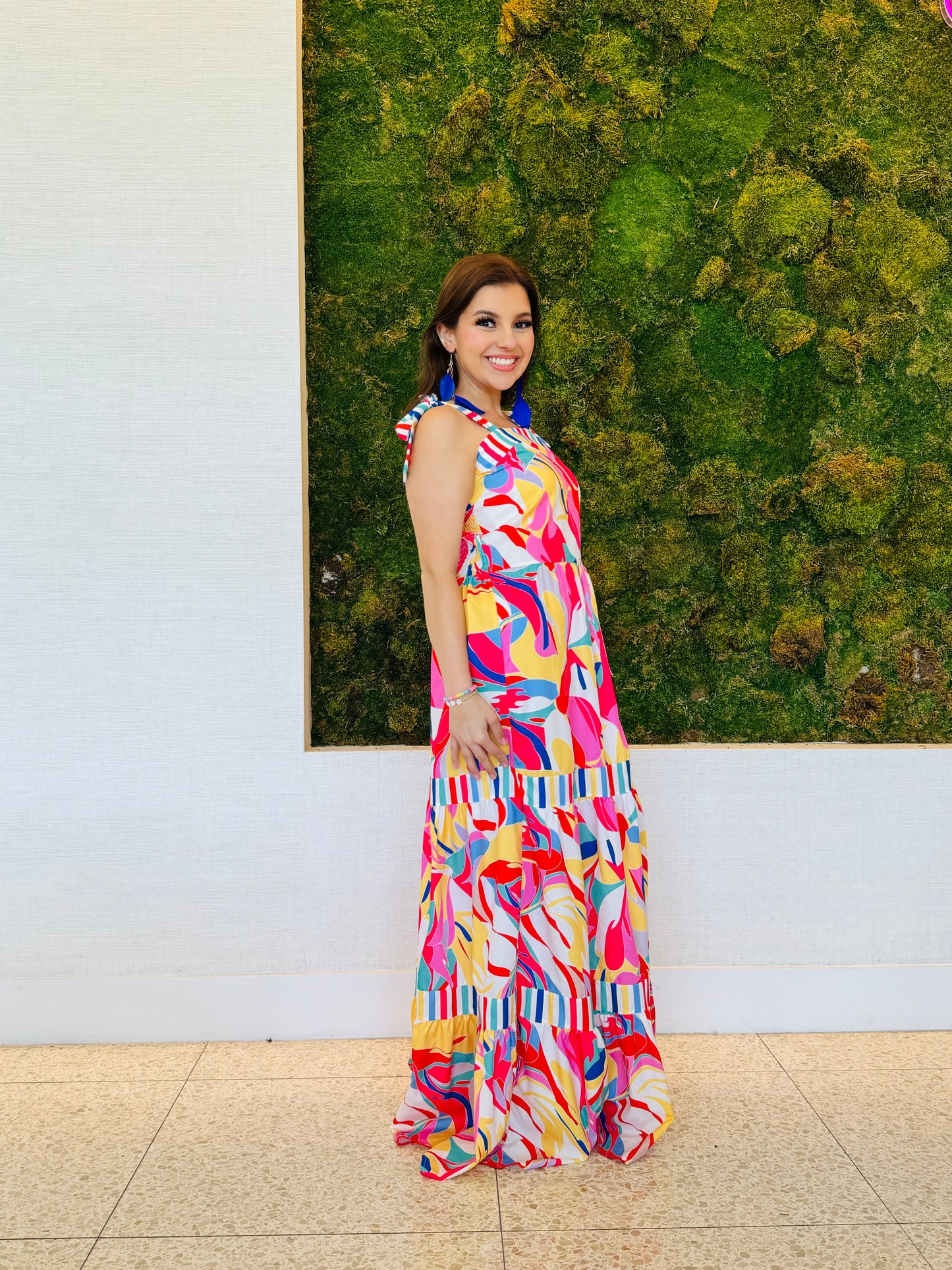 Addison red and colorful maxi dress with top ties and elastic back