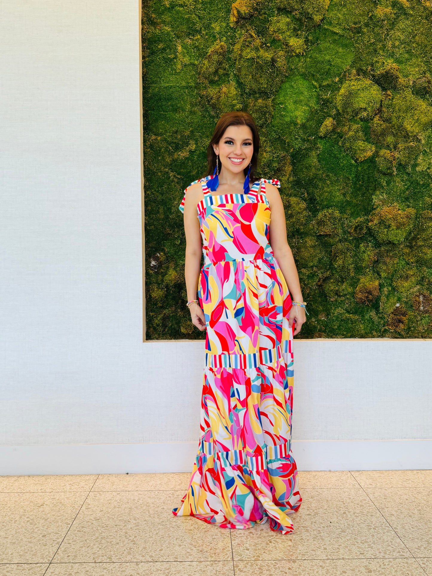 Addison red and colorful maxi dress with top ties and elastic back