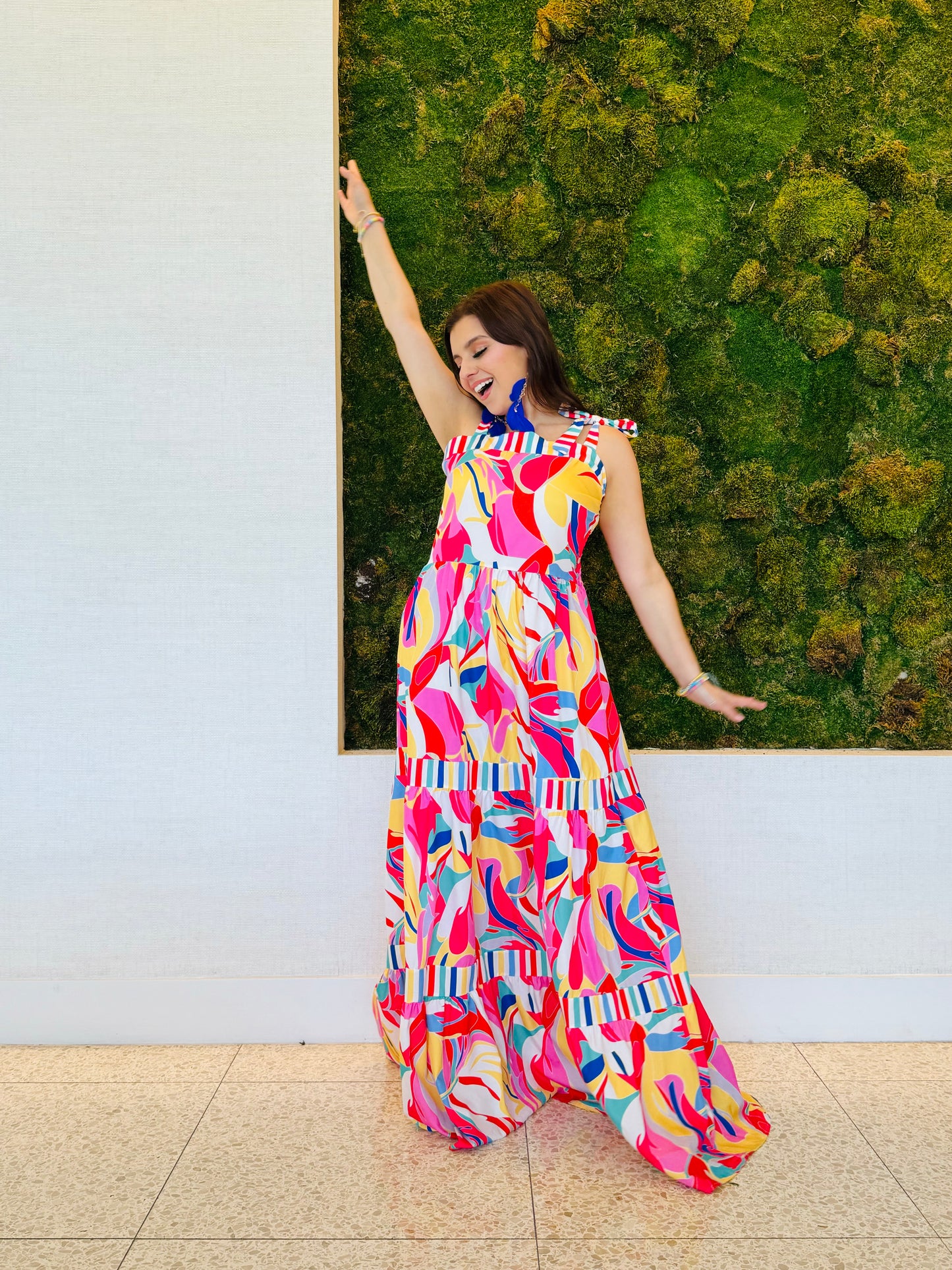 Addison red and colorful maxi dress with top ties and elastic back