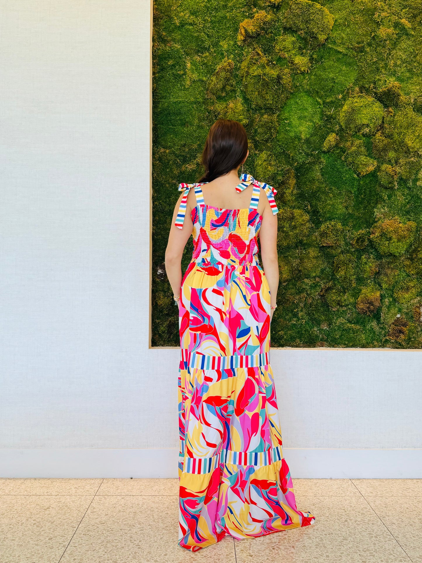 Addison red and colorful maxi dress with top ties and elastic back