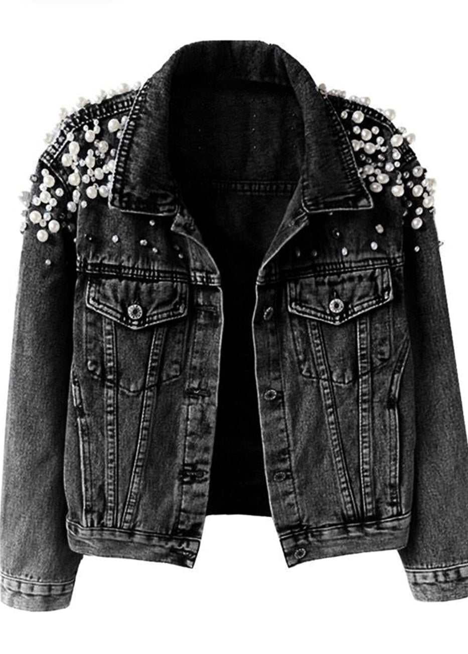 Black denim jacket with pearls hotsell