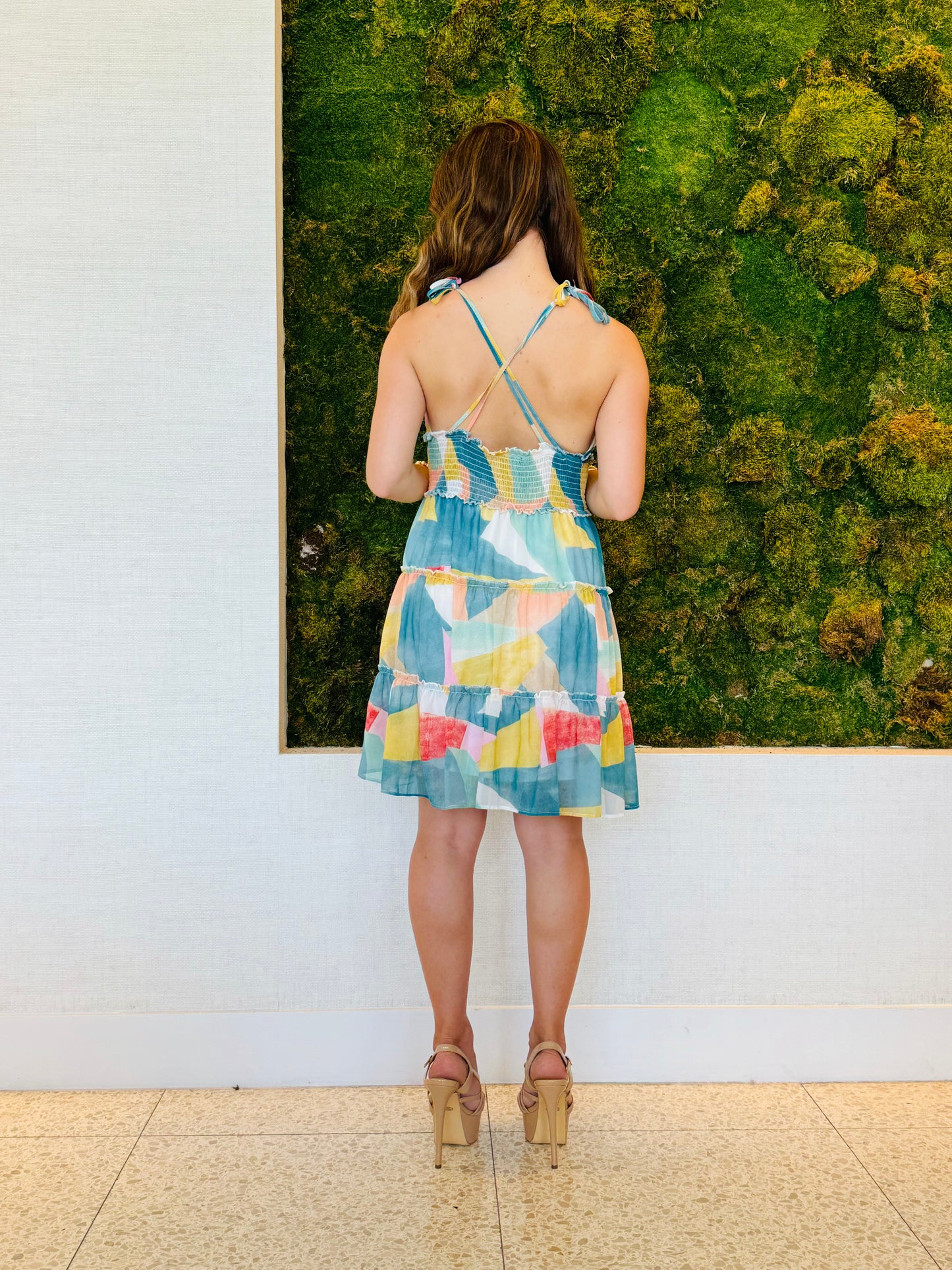 Elsie teal multi strap knee length dress with an elastic back