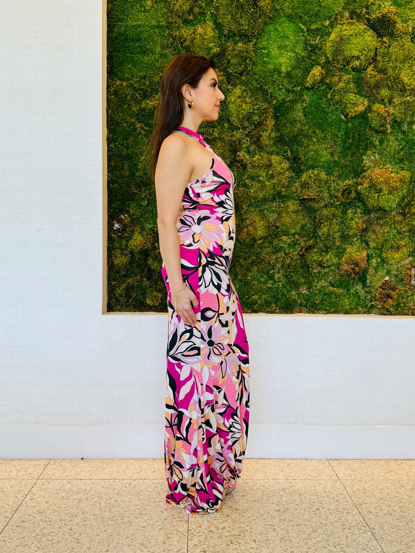Eva black and magenta print maxi dress with peek a boo back
